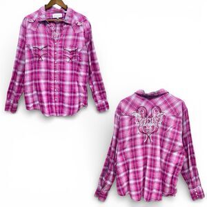 Panhandle Slim Pink Western Shirt Women 3X Roll Tab Embroidered Pearl Snap Rodeo